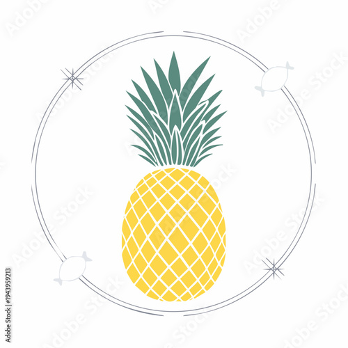 A vibrant pineapple illustration surrounded by a circular frame with fish motifs