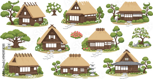 Traditional Japanese countryside houses vector set with rural wooden homes, thatched roofs, garden landscapes, and village architecture illustrations in Asian style