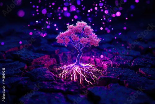 Luminous tree pulses with electric roots beneath cracked earth