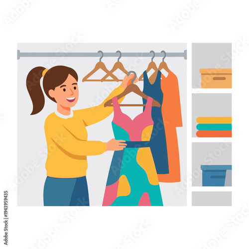 A woman in a room choosing clothes from a rack with hangers.