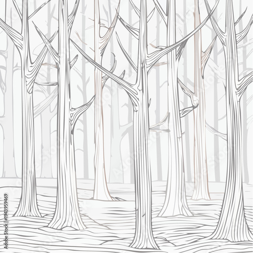 Monochrome Line Art Drawing Depicting a Serene Winter Forest Scene with Many Leafless Trees