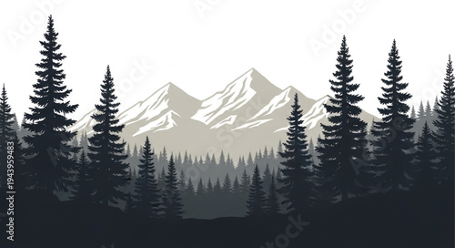 Snowy mountain landscape with pine trees.