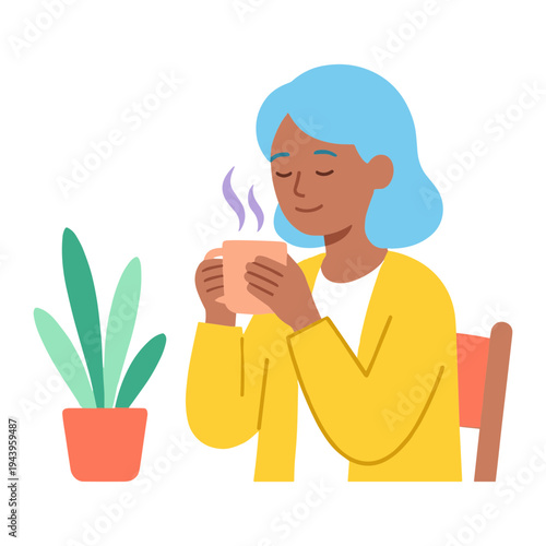 Woman enjoys hot beverage with plant beside her indoors