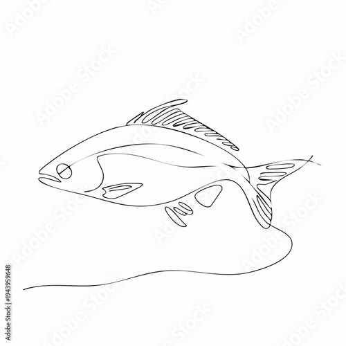Elegant continuous line drawing of a fish swimming, capturing fluid movement with minimalist artistry on a white background