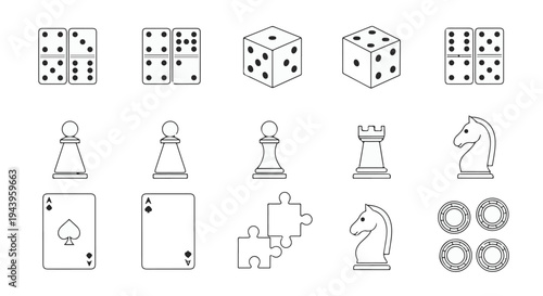 Minimalist Line Style Board Game, Casino, and Gambling Icons Set. Vector Illustration. isolated PNG with Transparent Background