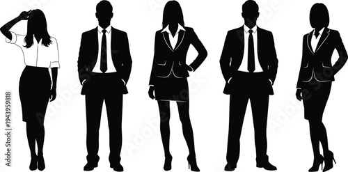 Professional business team silhouettes of men and women in formal suits and blazers, confident standing poses isolated on white background vector illustration.