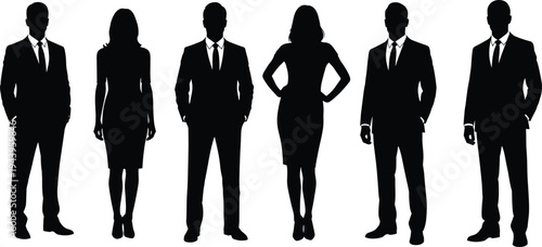 Professional business team silhouettes men and women in formal suits standing confidently, corporate group full body black shapes isolated on white background vector.