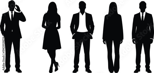 Professional business team silhouettes talking on phone, formal suits and dresses, black vector illustration, men and women corporate standing poses collection