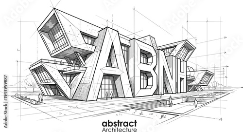 "ABNH" sculptural architectural wordmark sketch featuring typography-integrated building forms, cantilevered geometric wings, and a modern pedestrian plaza.