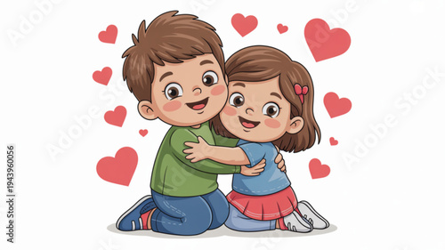 Two children hugging surrounded by floating hearts expressing love and friendship in a cute cartoon illustration