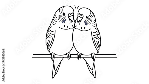 Bird Buddies: Two parakeets perched together on a branch, a charming display of companionship and avian connection. Simple lines create a heartwarming image