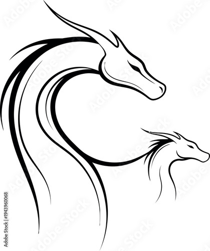 Black and white dragon heads with flowing manes horse