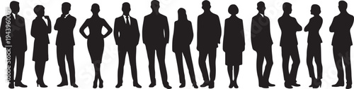 A line of professional silhouettes standing together in formal attire.