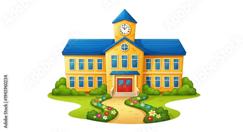 School Building With Blue Roof.