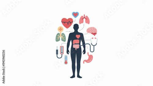 Human body silhouette with internal organs and medical symbols surrounding it illustrating health and anatomy