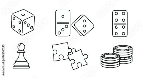 Outline Vector Icons Set of Board Game Elements: Dice, Dominoes, Chess Pawn, Puzzle Pieces, Poker Chips. isolated PNG with Transparent Background