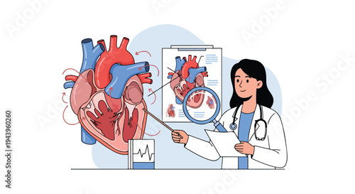 A female doctor pointing at a detailed heart diagram on a screen with many people in a medical presentation setting with a professional mood.