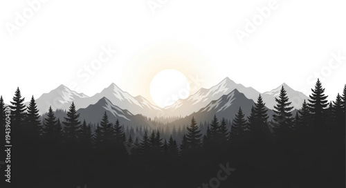 Silhouette Mountains and Trees Landscape.