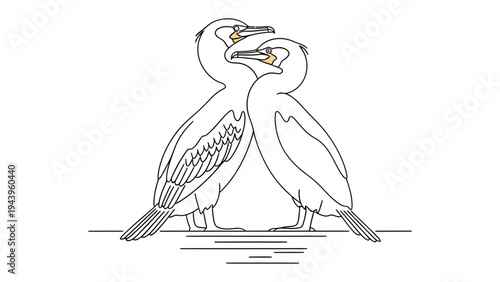 Cormorants' Embrace: Two elegant cormorants, depicted in a minimalist style, stand close, their necks intertwined in an intimate moment. Reflecting peace and a connection.