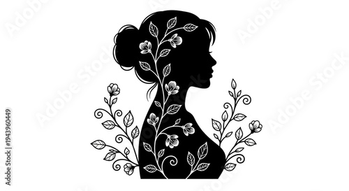 Woman Silhouette with Floral Hair Design.