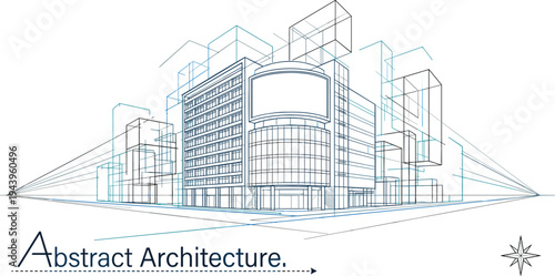 Abstract two-point perspective wireframe of a modern curved corporate building featuring a digital billboard and geometric construction guides.