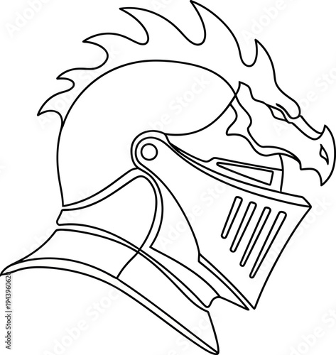 Black and white line of a knight's helmet with a dragon on armor medieval