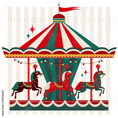festive carousel with horses, garlands, and flags. children's amusement ride drawn in flat cartoon style. postcard with an inscription. stock vector illustration. EPS 10.
