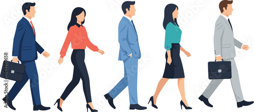 Professional business team walking in side profile, men suits women blouses skirts, confident stride poses, colorful vector illustration group, corporate urban motion