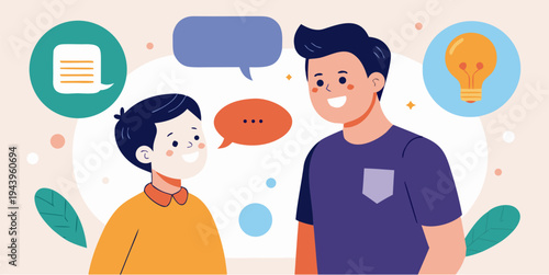 Flat vector illustration of parent talking with child about ideas learning and positive discipline