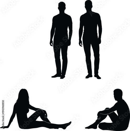 Relaxed couple silhouettes sitting and standing together, man and woman casual poses, black vector illustration, intimate shadow figures collection