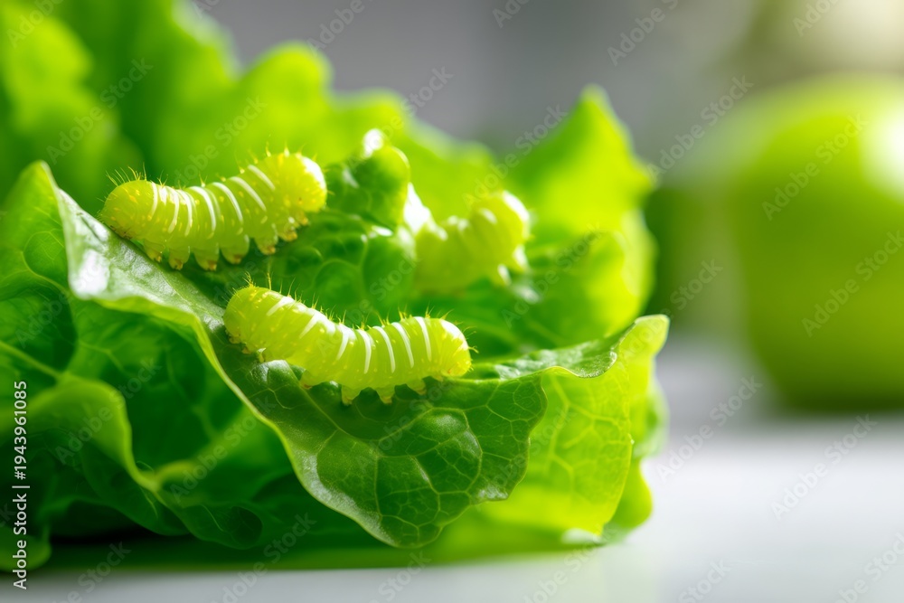 Naklejka premium Sustainable Farming Concept Featuring Caterpillars on Fresh Green Lettuce Leaves