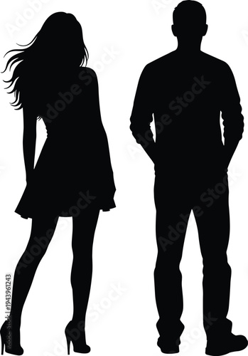 Romantic couple silhouette standing together, woman in short dress and heels, man in casual shirt, black vector illustration, elegant shadow fashion figures