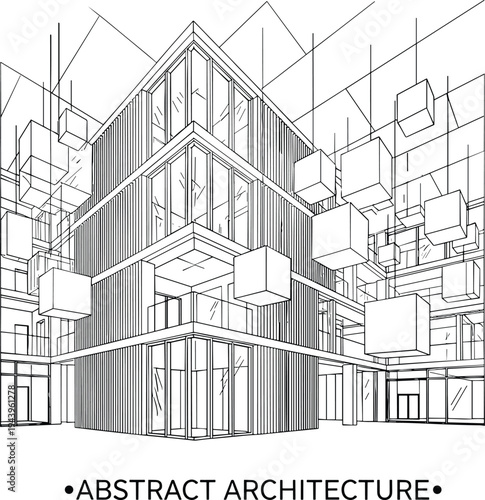 Artistic architectural perspective of a contemporary office atrium featuring a central corner glass module, suspended cubic light installations, and a multi-level balcony grid.