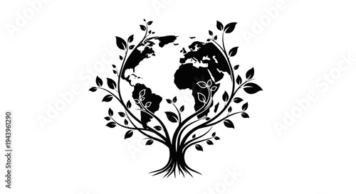 Earth globe shaped by a growing tree with leaves.