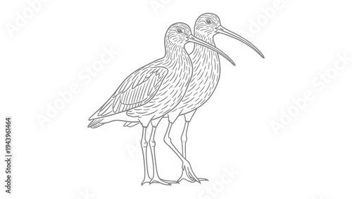 Two Shorebirds Illustration: Detailed monochrome line illustration captures two elegant shorebirds standing side-by-side, their long beaks and graceful forms highlighted in stark contrast.