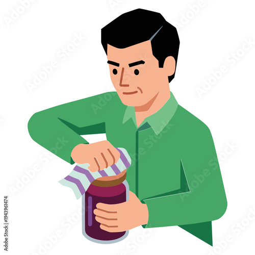 Man struggles to open a stubborn jar with a cloth.