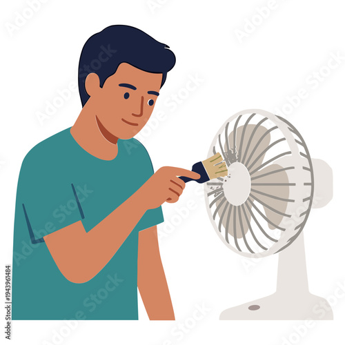 Man using screwdriver on electric fan at home indoors today