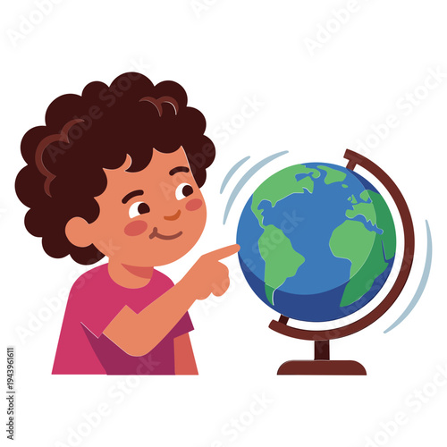 A young boy excitedly points at a spinning globe in a classroom setting.