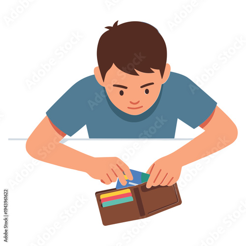 A boy takes out a credit card from his brown wallet on the table.