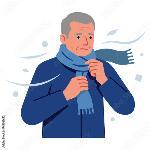 Elderly man wrapping scarf around neck in cold snowy weather outside