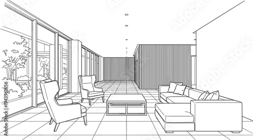 Architectural sketch of a luxury open-plan lounge featuring a large sectional sofa, wingback chairs, and floor-to-ceiling windows with a garden view.