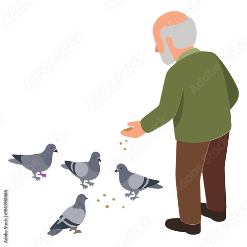 An elderly man feeding pigeons in a park with birds around him