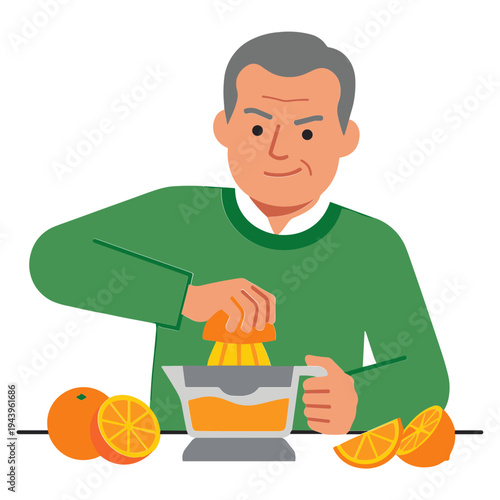 Man squeezing orange juice using a juicer on a table with oranges