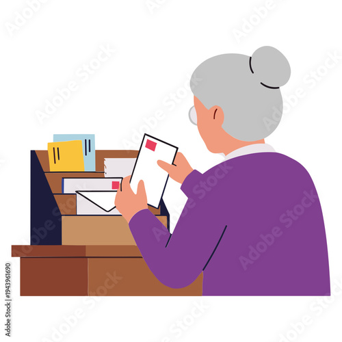 An elderly woman is sorting through a stack of letters and envelopes on her desk.