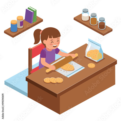 A young girl baking cookies on a table with rolling pin and ingredients