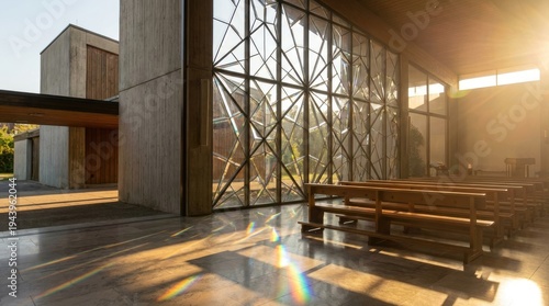 Church window bathed in sunlight casting light beams reflection concept. Modern architectural interior with natural light and wooden benches.
