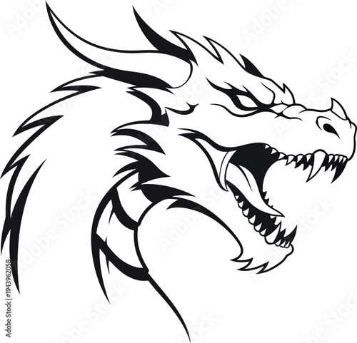 Black and white of a dragon head with open mouth and sharp teeth monster mythical