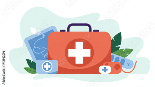 First aid kit with medical supplies and green leaves on a white background for health and emergency care