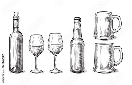 Collection of different alcohol bottles wine glasses and beer mugs sketch