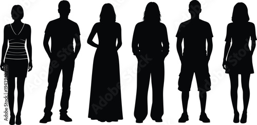 Silhouette group of diverse young people standing together casual fashion outfits men women full body profiles on white background